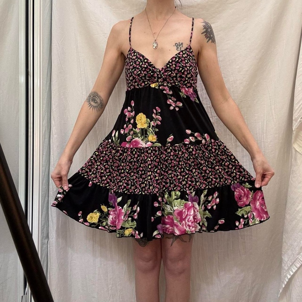 Black and‎ Pink Floral Dress Boho-Patchwork Y2K